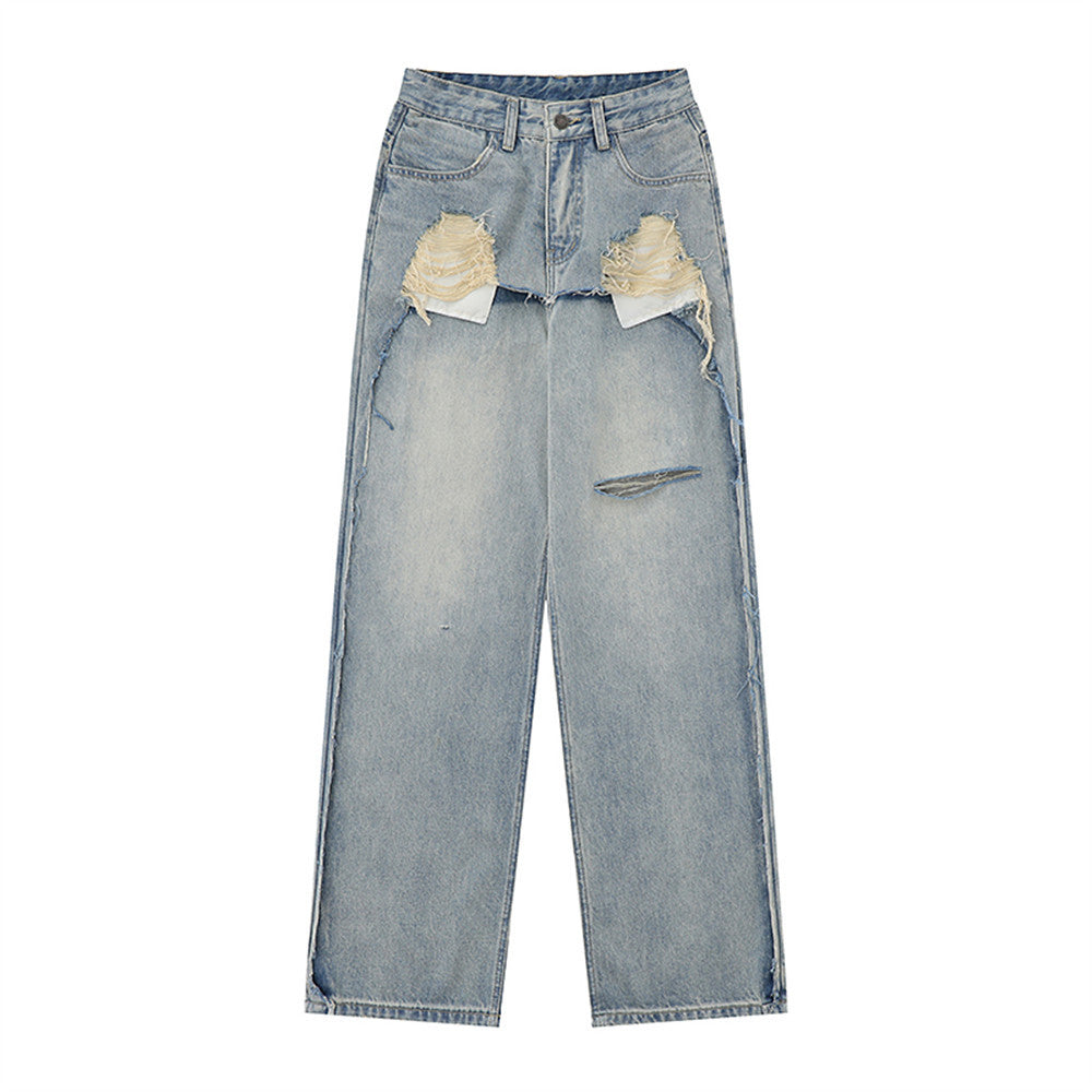 Women Pants Ripped Jeans Loose Straight Wide Leg Pants Trousers
