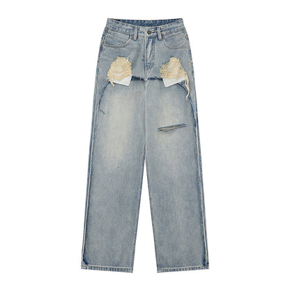 Women Pants Ripped Jeans Loose Straight Wide Leg Pants Trousers