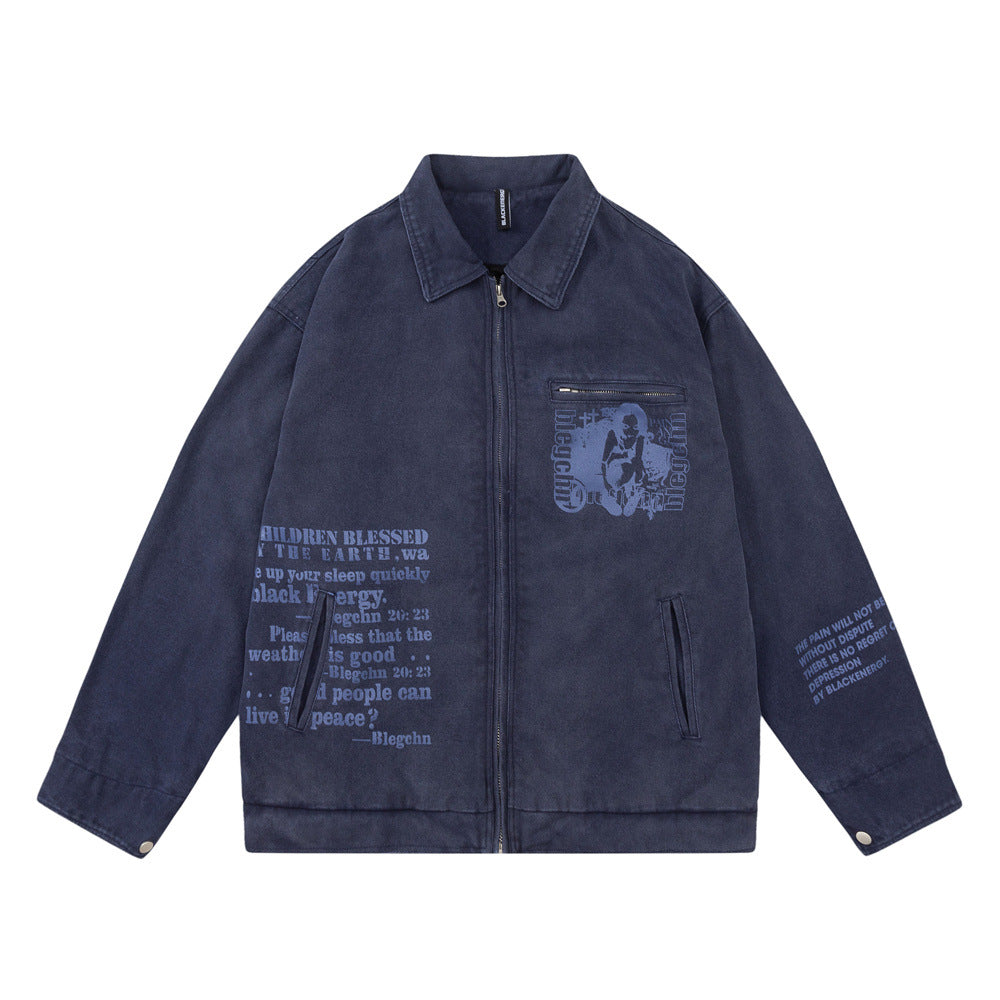 Men Jacket Coat Retro Figure Printed Jacket Coat Loose Lapels Denim Jacket