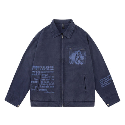 Men Jacket Coat Retro Figure Printed Jacket Coat Loose Lapels Denim Jacket