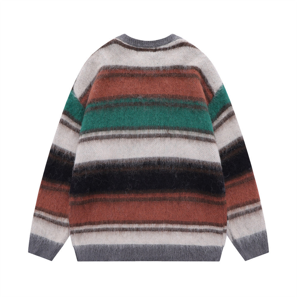 Men Sweater Striped Crew Neck Sweater Loose Knit Shirt