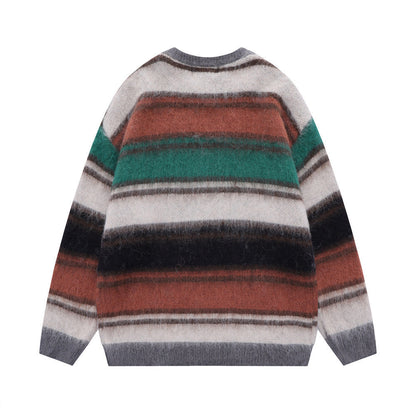 Men Sweater Striped Crew Neck Sweater Loose Knit Shirt