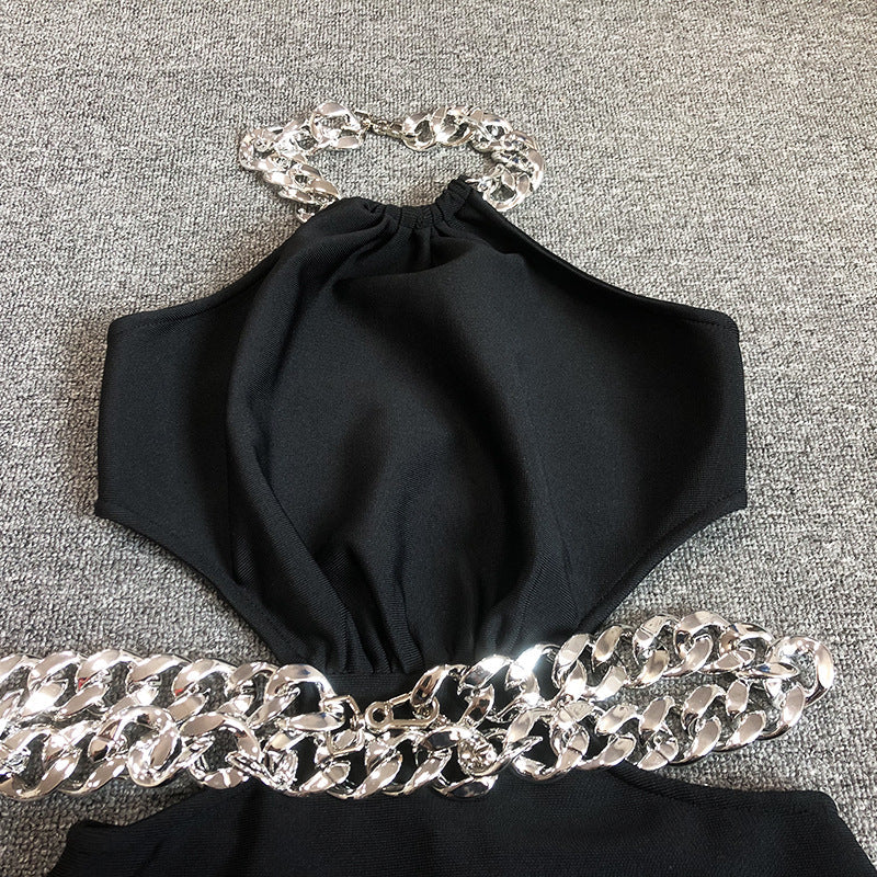 Women Evening Dress Hollow-out Midriff Backless Black Dress Bandage Gown