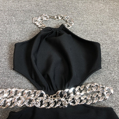 Women Evening Dress Hollow-out Midriff Backless Black Dress Bandage Gown