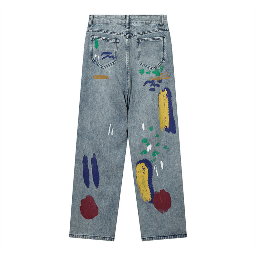 Women Pants Graffiti Ripped Straight Jeans Loose High Waist Wide Leg Pants Trousers