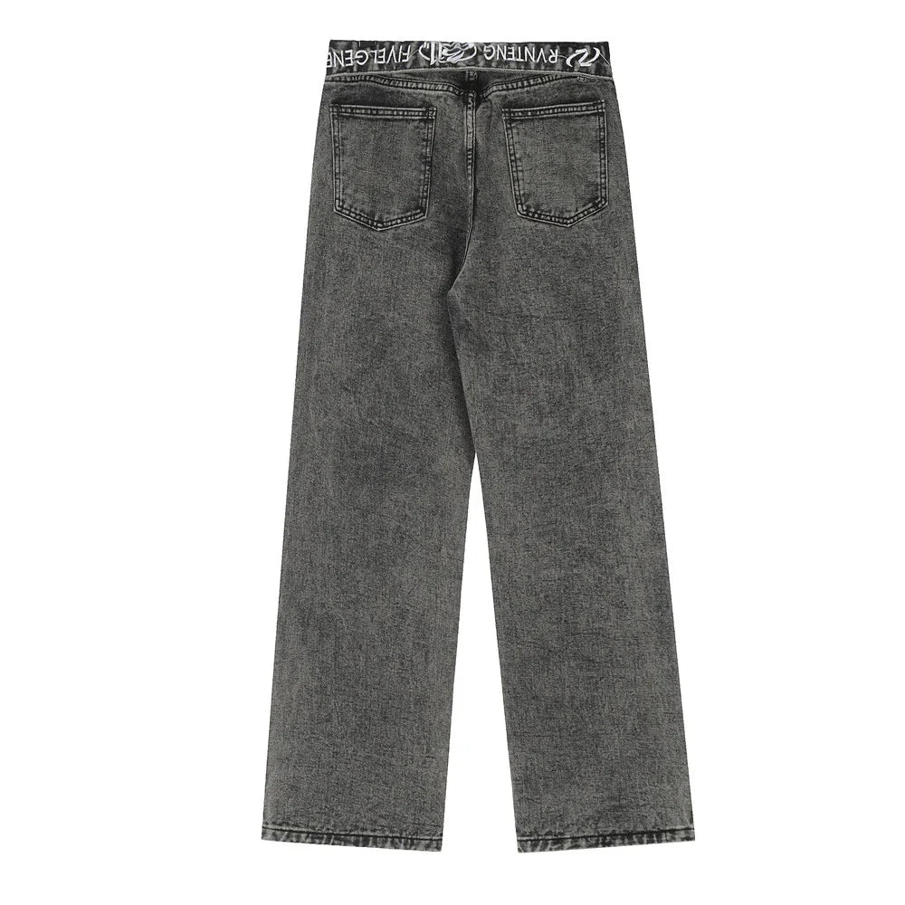 Women Pants Flanging Letter Embroidered Jeans Straight-Leg Pants