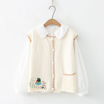 Women Knitted Cardigan Spring Knitted Embroidered Single Breasted Vest Jacket