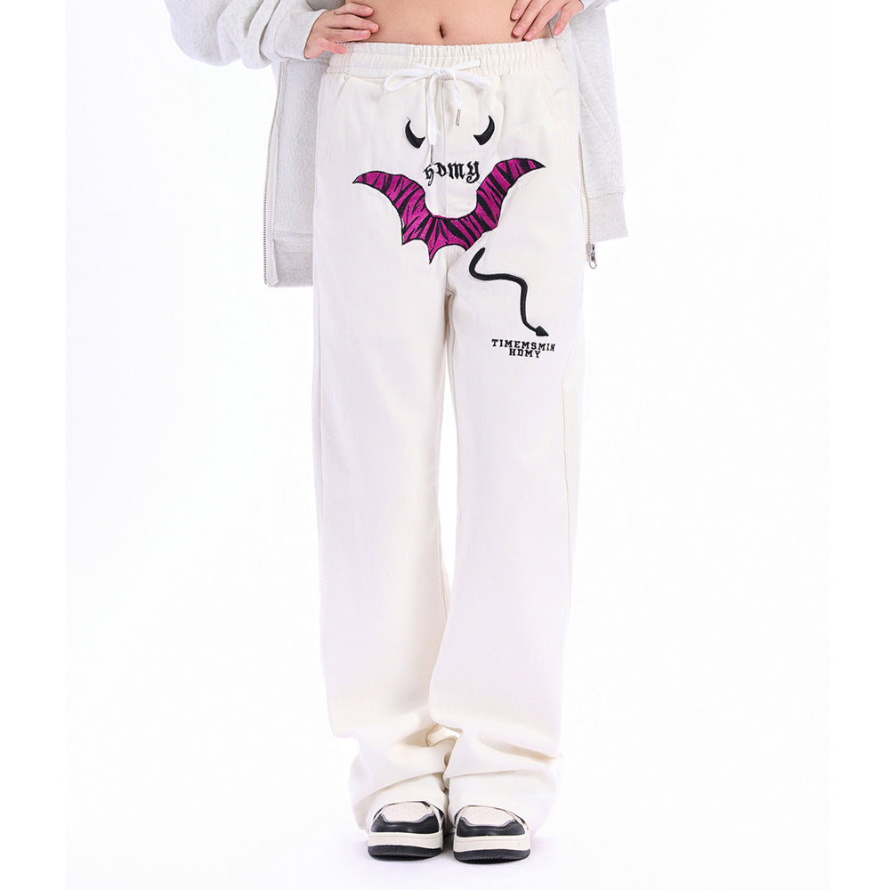 Men Sweatpants Personalized Embroidered Devil Horn Straight Casual Trousers Hip Hop Diagonal Cloth Jeans