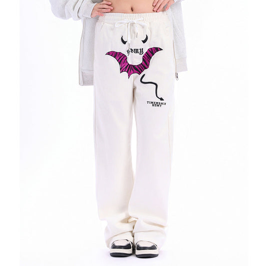 Men Sweatpants Personalized Embroidered Devil Horn Straight Casual Trousers Hip Hop Diagonal Cloth Jeans