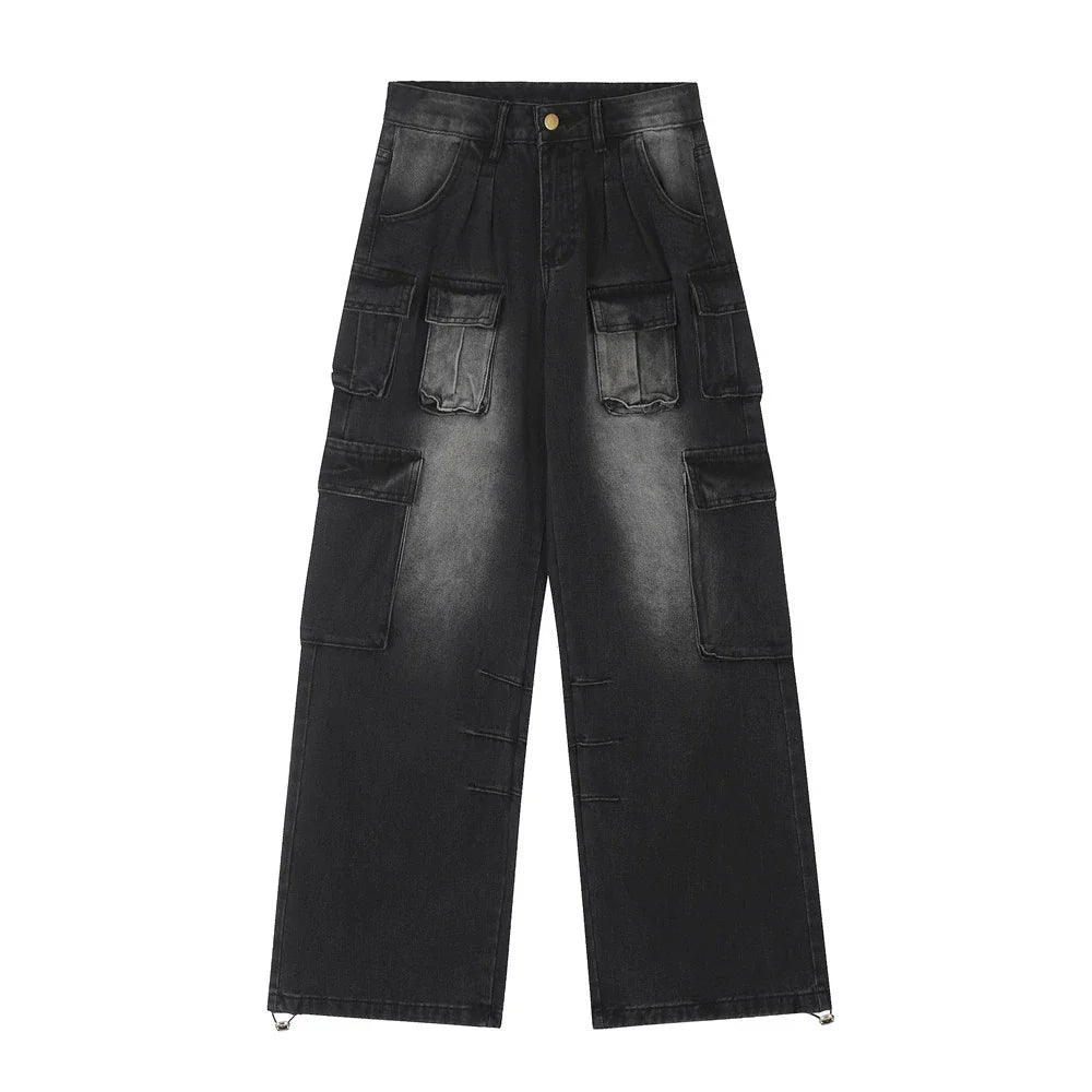 Women Pants Multi-Pocket Workwear Straight Jeans