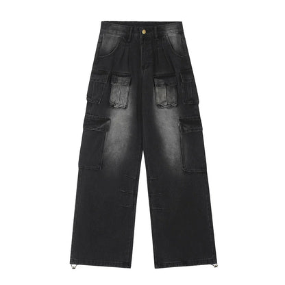 Women Pants Multi-Pocket Workwear Straight Jeans
