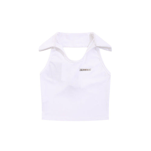 Women Vest Solid Color Polo Collar Halter Sleeveless T-shirt