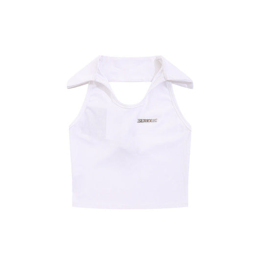 Women Vest Solid Color Polo Collar Halter Sleeveless T-shirt