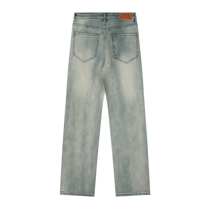 Men Jeans Bright White Loose Distressed Retro Patchwork