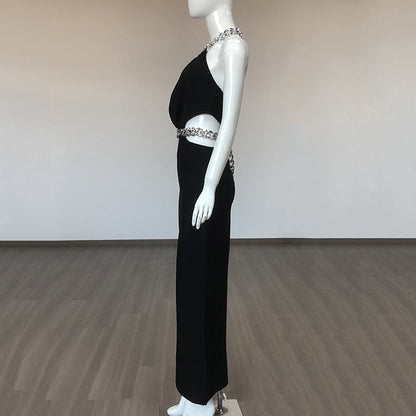Women Evening Dress Hollow-out Midriff Backless Black Dress Bandage Gown