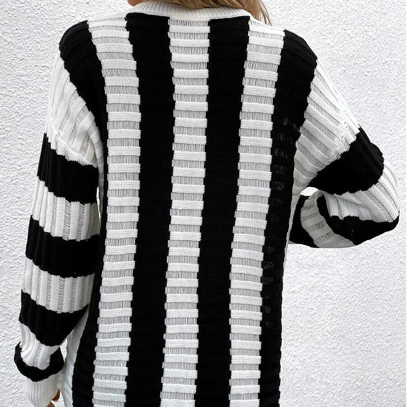 Women Knitted Sweater Spring Loose Sweater Striped Hollow out Long Sleeve Sweater Jacket