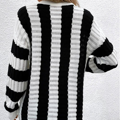 Women Knitted Sweater Spring Loose Sweater Striped Hollow out Long Sleeve Sweater Jacket