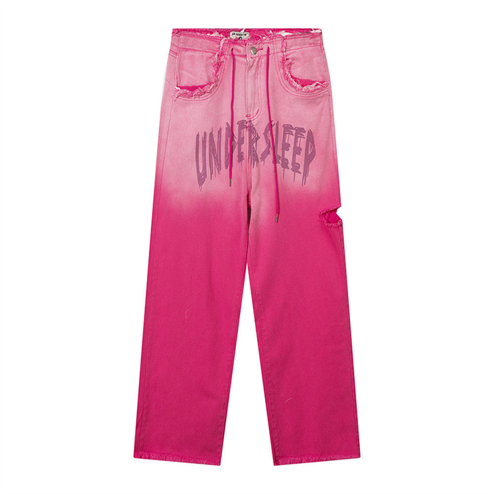 Women Pants Gradient Pink Ripped Jeans