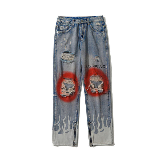 Men Jeans Spray Paint Ripped Trendy Hip Hop Popular