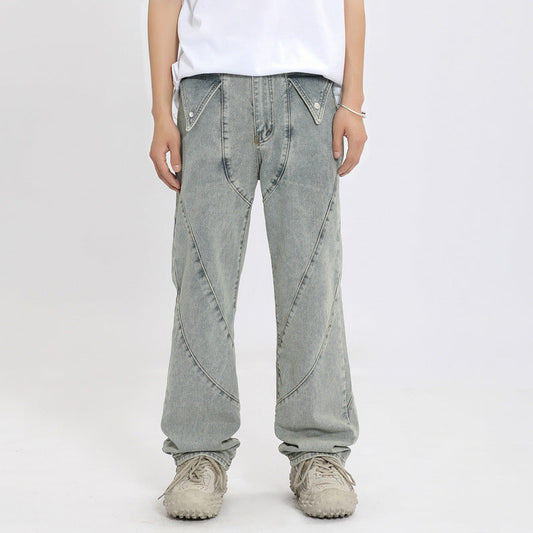 Men Jeans Straight-Leg Denim Trousers Washed and Worn Jeans