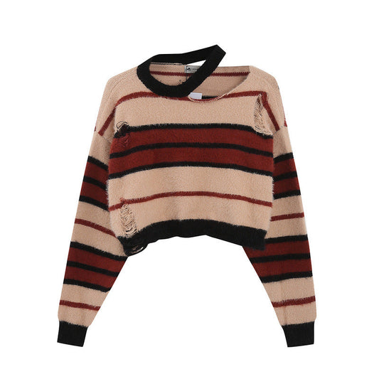 Women Sweater Vintage Stripe Ripped Knitted Sweater