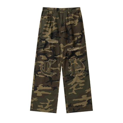 Men Sweatpants Casual Camouflage Camouflage Pants Men's Paste Cloth Embroidery Hole Straight Loose Trousers