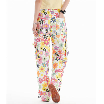 Men Sweatpants Full Printed Floral Corduroy Casual Pants Loose Pockets Tooling Straight-Leg Wide-Leg Pants