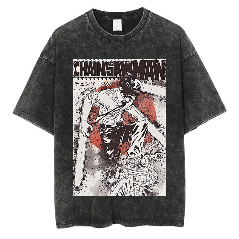 Anime Chainsaw Men Washed Tshirt Retro Hip Hop Streetwear