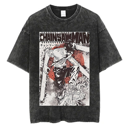 Anime Chainsaw Men Washed Tshirt Retro Hip Hop Streetwear