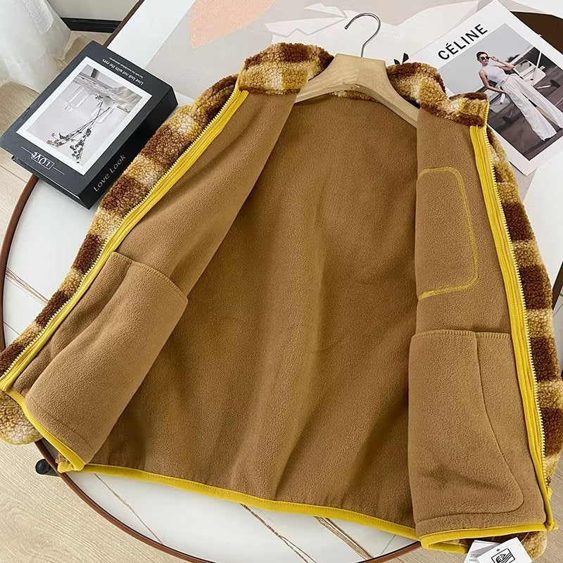 Women Cotton Coat Couple's Polar Fleece Stand Collar Plaid Jacket
