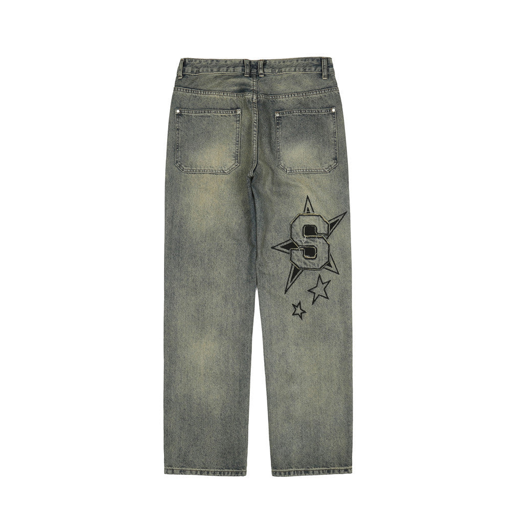 Men Jeans Paste Cloth Embroidery Old Leisure