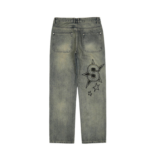Men Jeans Paste Cloth Embroidery Old Leisure