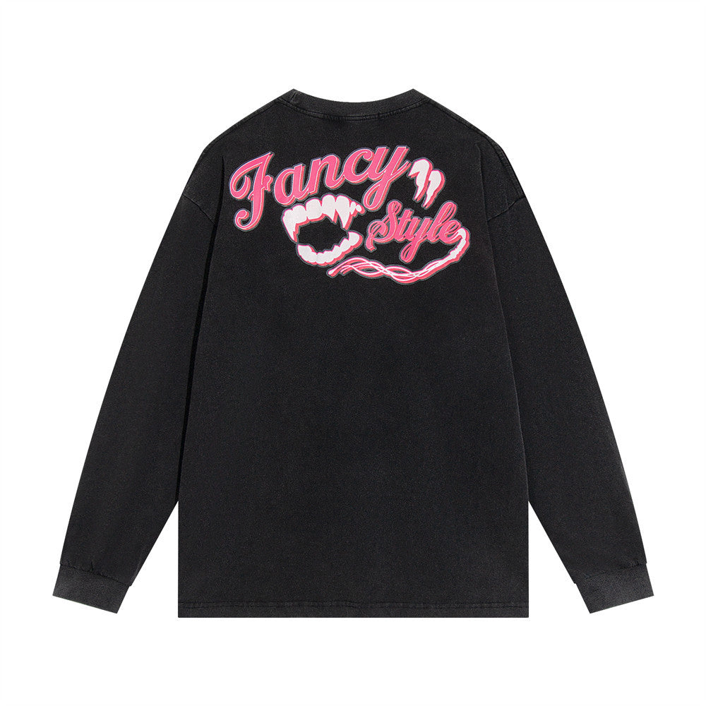 Men Long Sleeve T-Shirt Rabbit Ear Print Washed and Worn