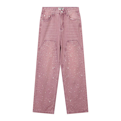 Women Pants Pink Straight Ripped Jeans for Women