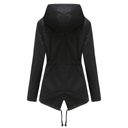 Women Trench Coat Mid-Length Hooded Jacket Long-Sleeved Raincoat