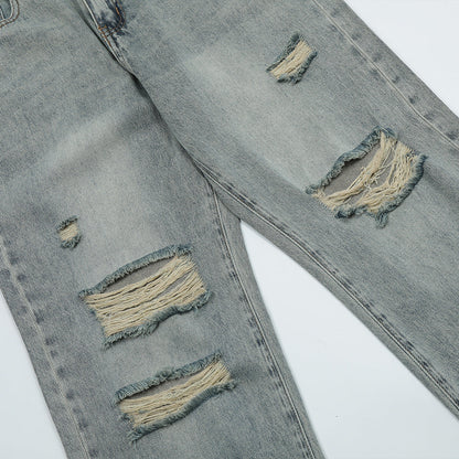 Men Jeans Ripped Distressed Loose Retro Leisure