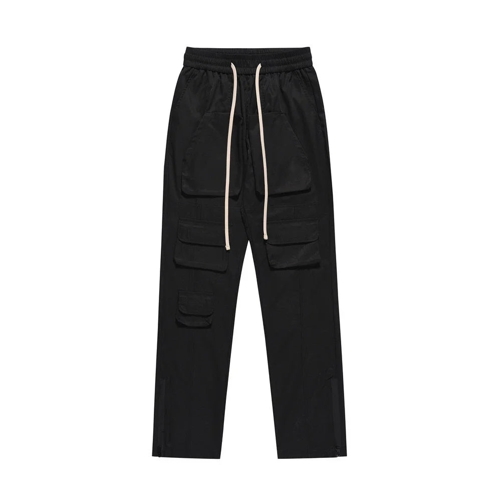 Men Sweatpants Multi-Pocket Slacks Pure Color Elastic Waist Straight-Leg Pants Baggy Pants Zipper Pants