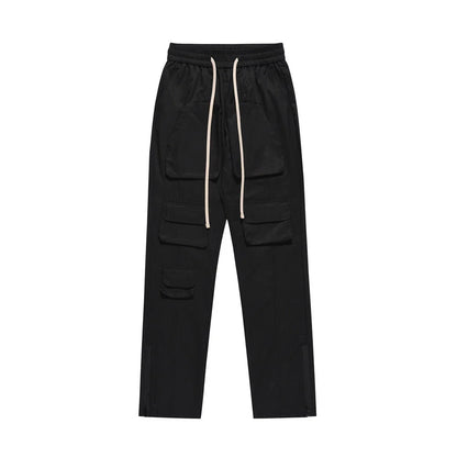 Men Sweatpants Multi-Pocket Slacks Pure Color Elastic Waist Straight-Leg Pants Baggy Pants Zipper Pants