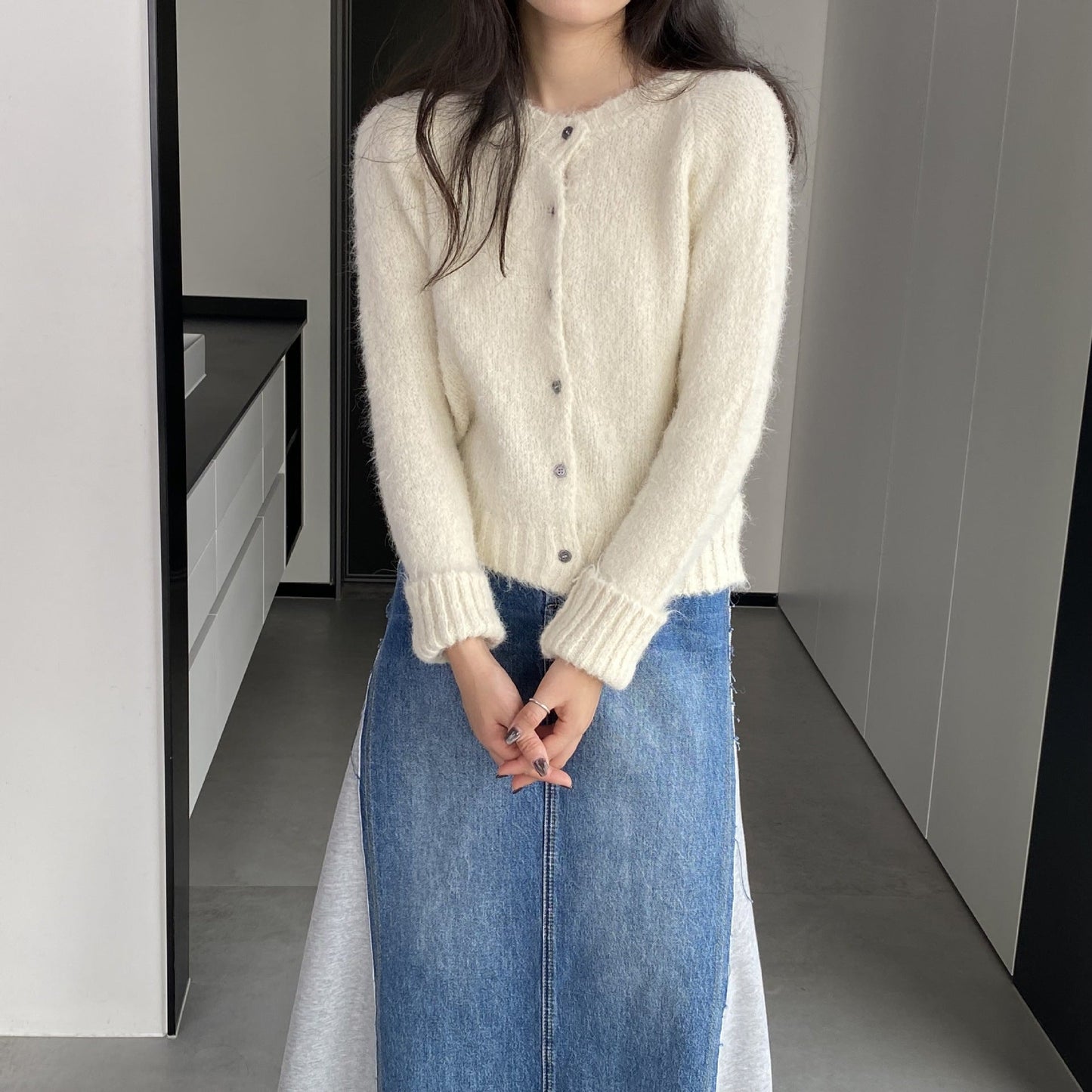 Women Cardigan Sweater Spring Alpaca Fleece/Fiber Cardigan Jacket Long-Sleeved round Neck Sweater Cardigan D2366