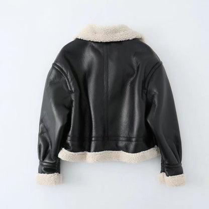 Women Cotton Coat Fleece Faux Leather Thermal Jacket