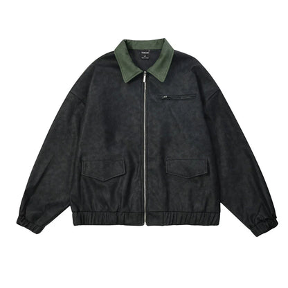 Men Jacket Coat Loose Leather Coat Coat Men's Color Contrast Patchwork Embroidered Letter Lapel PU Leather Jacket