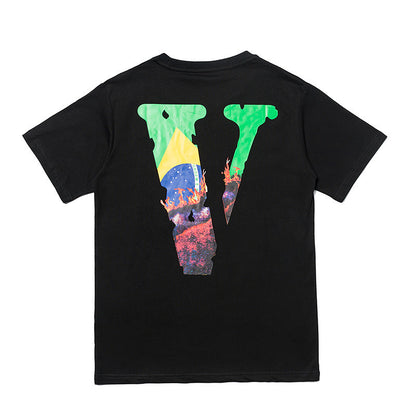 Vlone T Shirts Large V Printed Loose Couple Short Sleeve Men's and Women's T-shirt behind Flame Limit