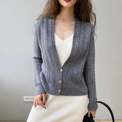 Women Cardigan Sweater Autumn Winter Retro Twist Knitted Cardigan Jacket V-neck Long Sleeve Sweater 8t3102