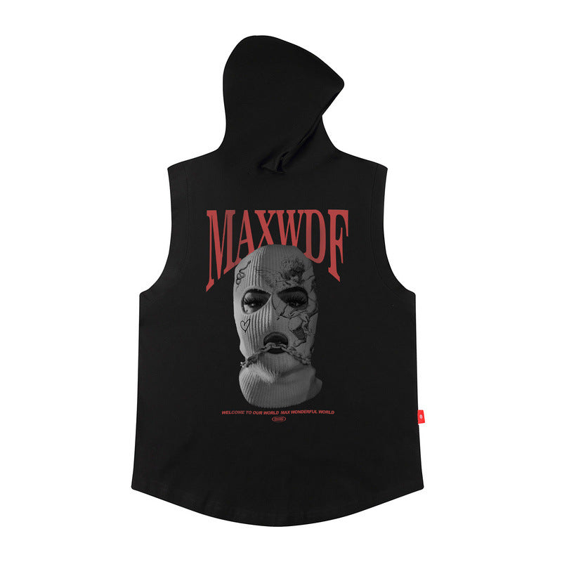 Men Vest Hooded Vest Retro Hip Hop Sleeveless T-shirt Men