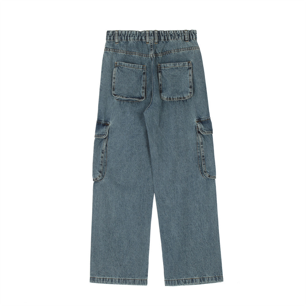 Men Jeans Solid Color Multi-Pocket Workwear Loose