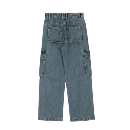 Men Jeans Solid Color Multi-Pocket Workwear Loose