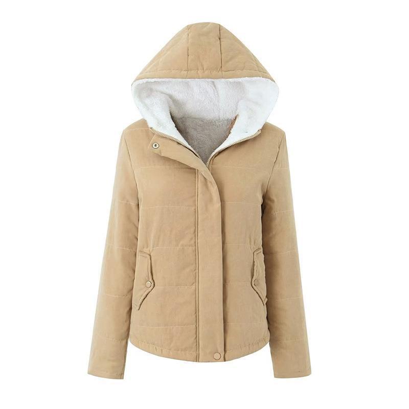 Women Cotton Coat Solid Color Zipper Fleece Padded Coat