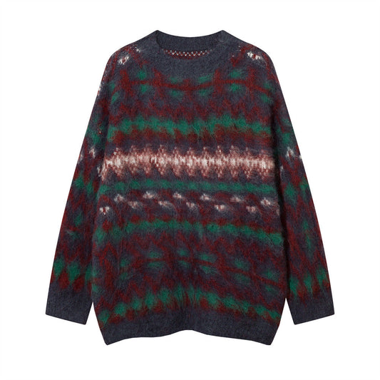 Men Sweater Striped with Fleece Lining Sweater Loose Casual Sweater