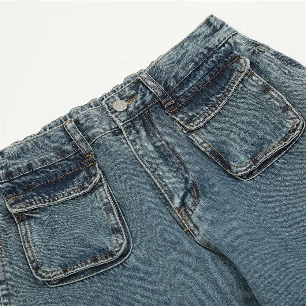 Men Jeans Solid Color Multi-Pocket Workwear Loose