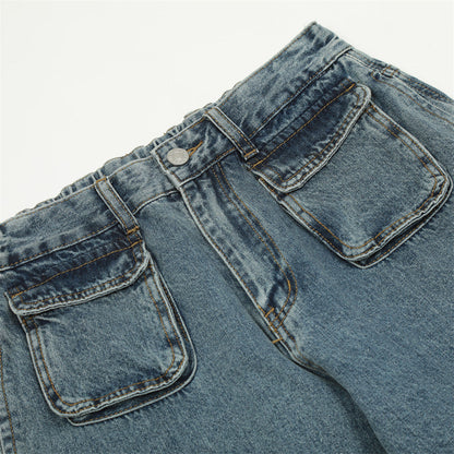 Men Jeans Solid Color Multi-Pocket Workwear Loose